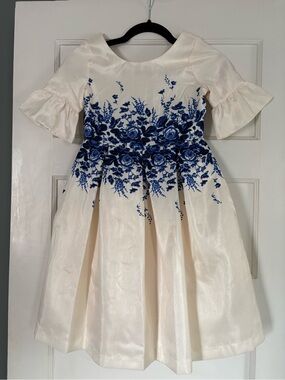 NWT Janie and Jack Girls Silk Cream and Blue Floral Party Dress